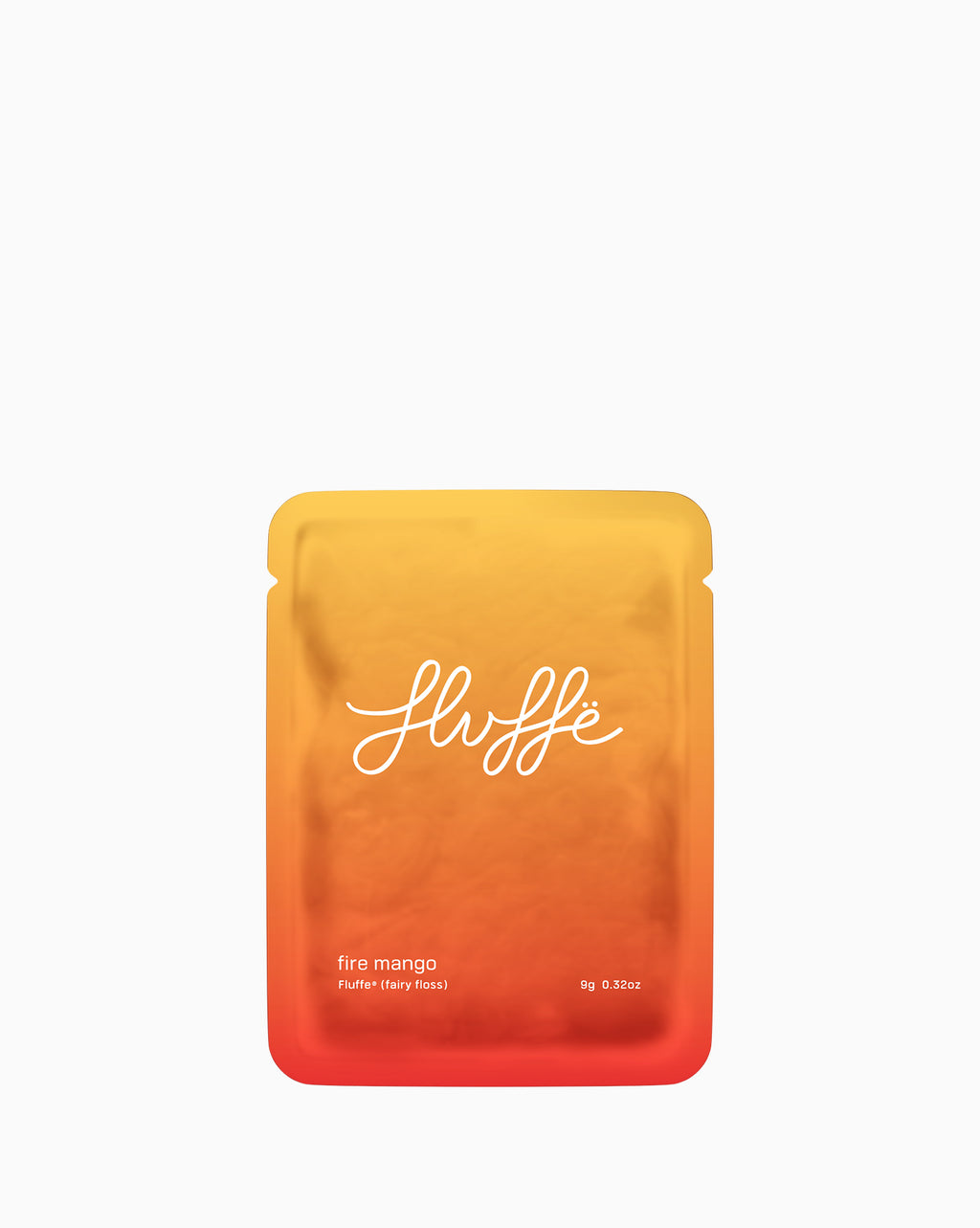 Fluffe fire mango single pack of fairy floss/cotton candy on a white background