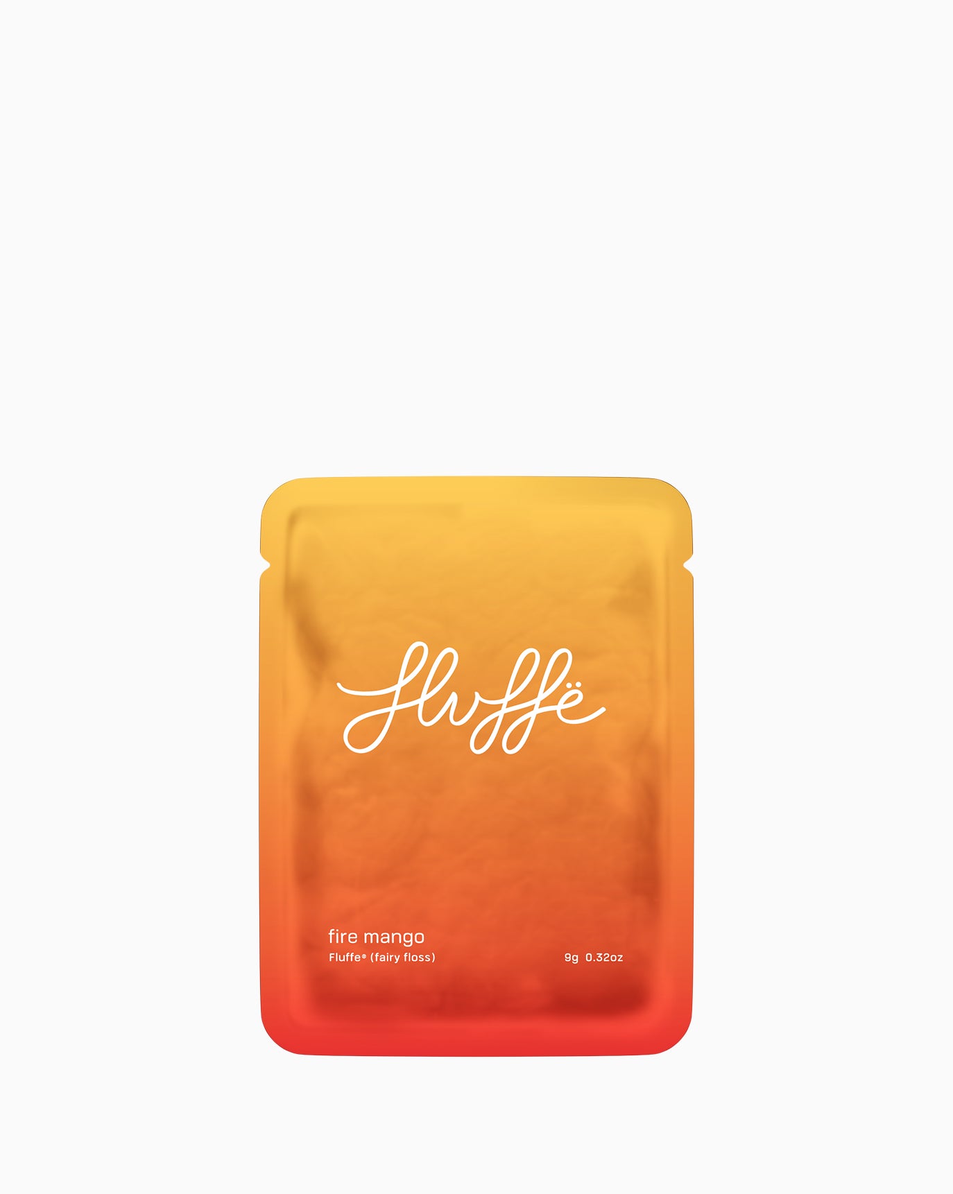 Fluffe fire mango single pack of fairy floss/cotton candy on a white background