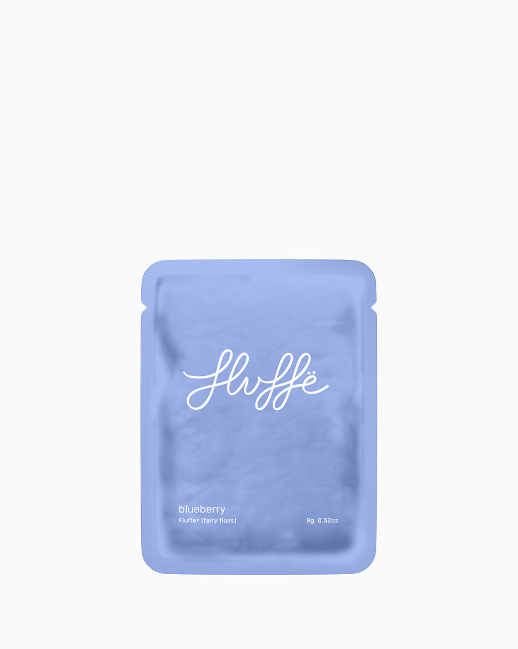 Blueberry bag of Fluffe fairy floss on a white background