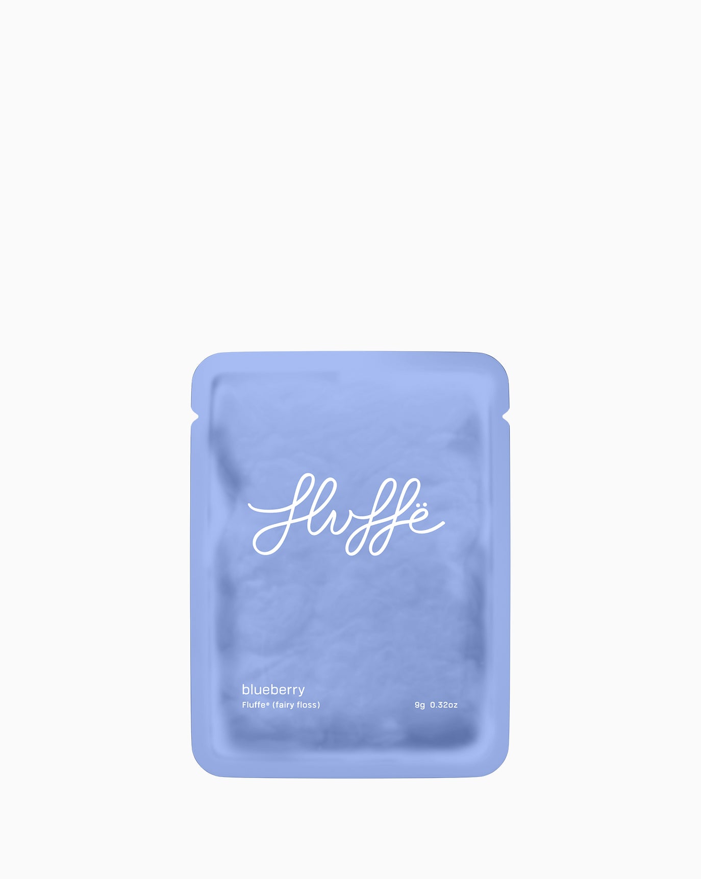 Blueberry bag of Fluffe fairy floss on a white background